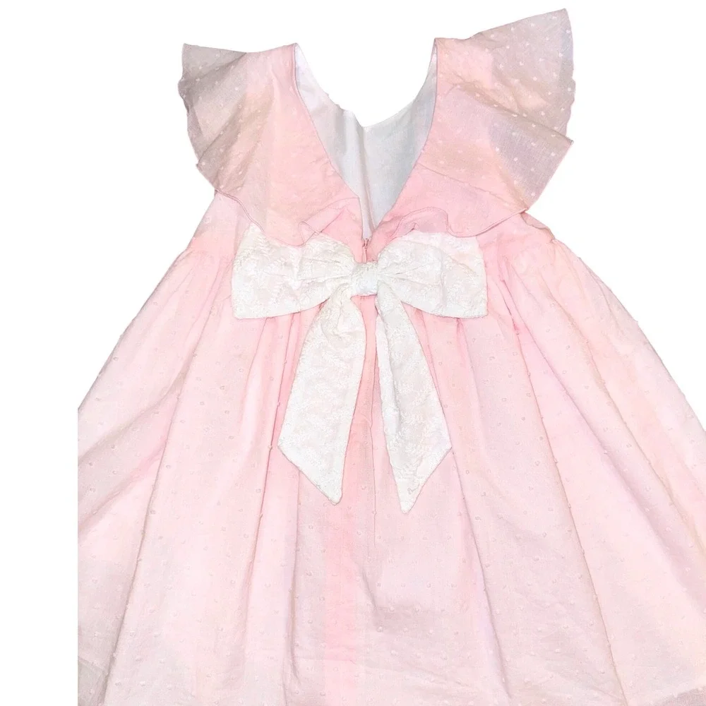 Mabel + Honey‎ Pink Swiss Dot Flutter Sleeve White Bow Back  Dress Girls Size 5